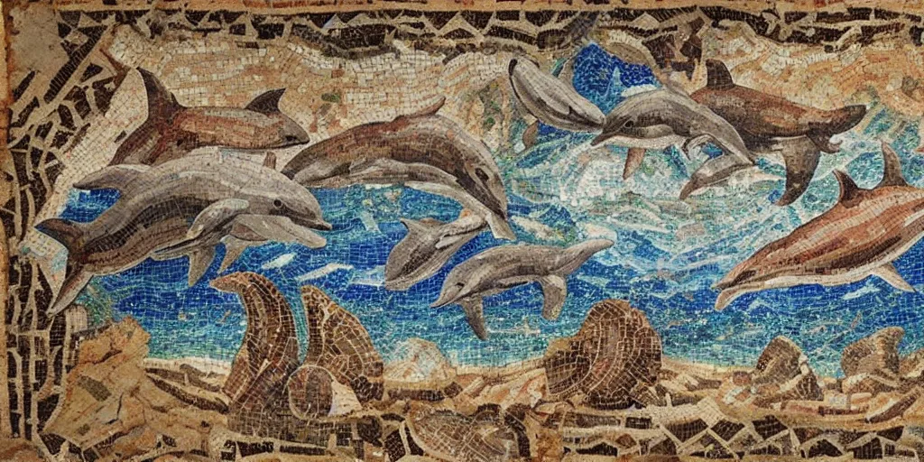 Image similar to roman mosaic on cave wall of sea with dolphins and starfishes, realistic, detailed