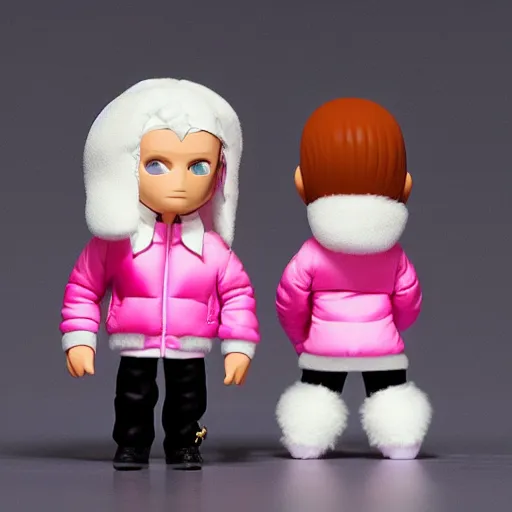 Image similar to magic mushroom, david bowie wearing pink puffy bomber jacket with white fur, nendroid, craig mullins style