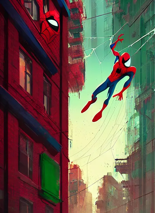 Prompt: spider - man jumping from building, red and green hour, by ismail inceoglu