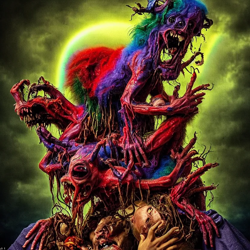 Image similar to a beautiful, colorful, flesh - eating, whimsical demon with rainbow fur, seven arms, seven legs, three heads, eating a screaming priest, standing on a pile of corpses, by alexandro judorowski and david cronenberg, fear, morbid, nightmare, supernatural, 8 k, digital art, highly detailed, chiaroscuro, creepy, terrifying