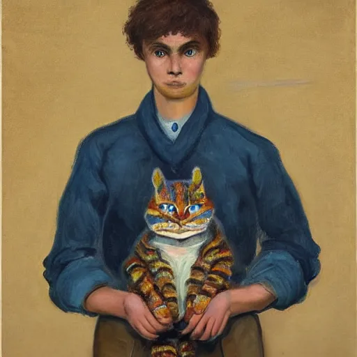 Image similar to portrait of a disillusioned young man, drained of energy by the artistic struggle, by louis wain and johanna martine, trending on artstation