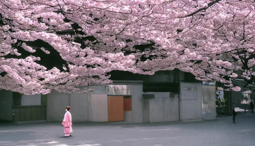 Image similar to movie still by alejandro jodorowsky of a beautiful day in kyoto japan, a girl wearing a gucci kimono is walking down the street, cherry blossoms and a waterfall, cinestill 8 0 0 t eastmancolor technicolor, high quality, very detailed, heavy grain, fine facial features, 8 k, octane render