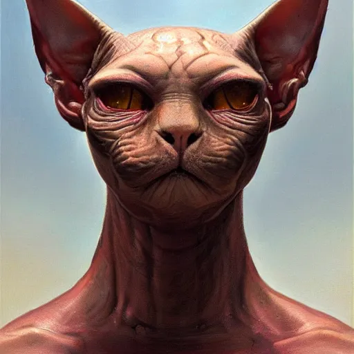 Image similar to the doomslayer as anthropomorphic sphynx cat a realistic scifi cyberpunk, visible face closeup portrait art by donato giancola and greg rutkowski, vintage retro scifi, realistic face, digital art, trending on artstation, symmetry