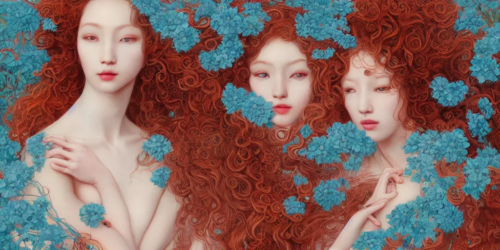 Image similar to breathtaking detailed concept art painting blend of few red curly hair goddesses of light blue flowers by hsiao - ron cheng with anxious piercing eyes, vintage illustration pattern with bizarre compositions blend of flowers and fruits and birds by beto val and john james audubon, exquisite detail, extremely moody lighting, 8 k