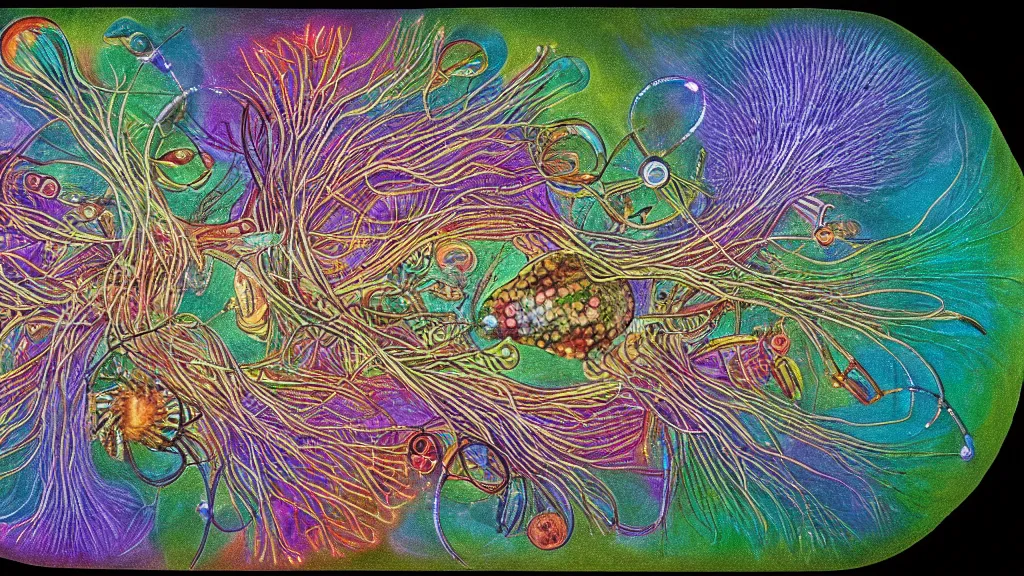 Image similar to quantum connections represented as symbiotic organisms like cells playing around with colorful lights by ernst haeckel, solid