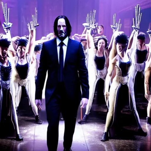 Image similar to Production photo of John Wick the musical on broadway, dancing, singing, fighting, John Wick costumes by Julie Taymor, set design by Julie Taymor