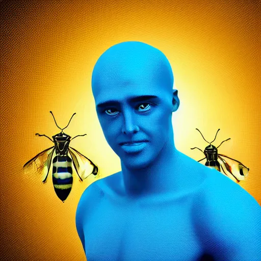 Image similar to human man that resembles a wasp morh in surreal sketch style, blue and yellow gradient, noise, ultrafine detail, hd 8k, logo illustration