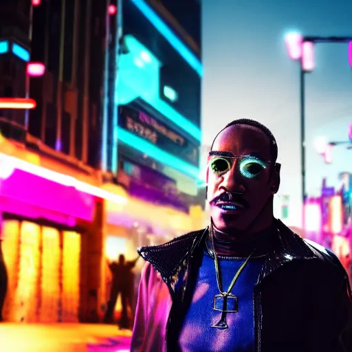 Prompt: cyberpunk eddie murphy, standing on a cyberpunk street at night, streets are lit with neon lights, portrait, cinematic