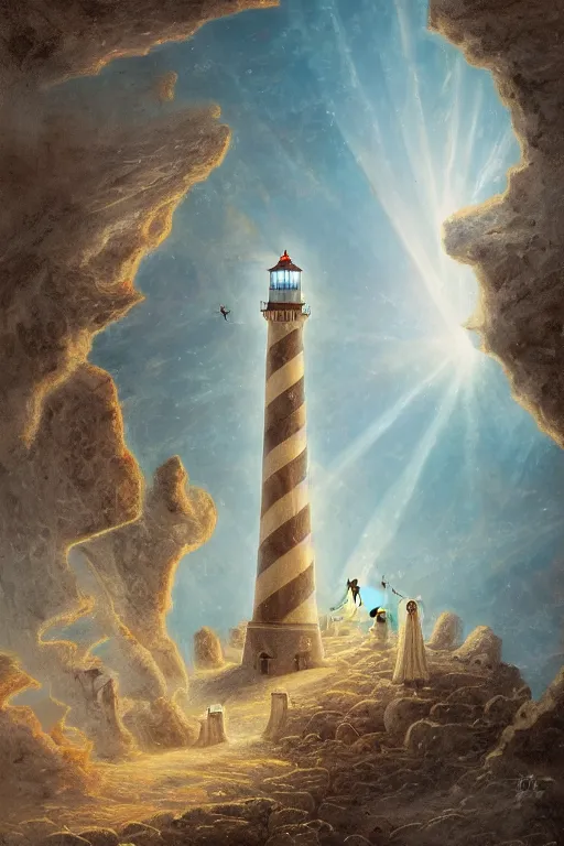 Prompt: Detailed Exterior Shot of Forgotten Lighthouse of Alexandria, light of god, light shafts, flock of birds, summer atmosphere, in Style of Peter Mohrbacher, cinematic lighting