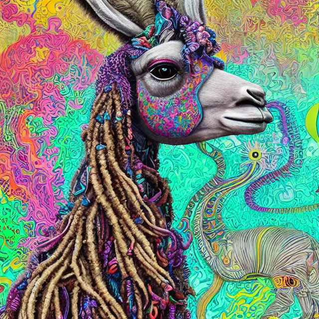 Image similar to llama with dreadlocks, colorful, detailed by ernst haeckel, james jean, mandy jurgens