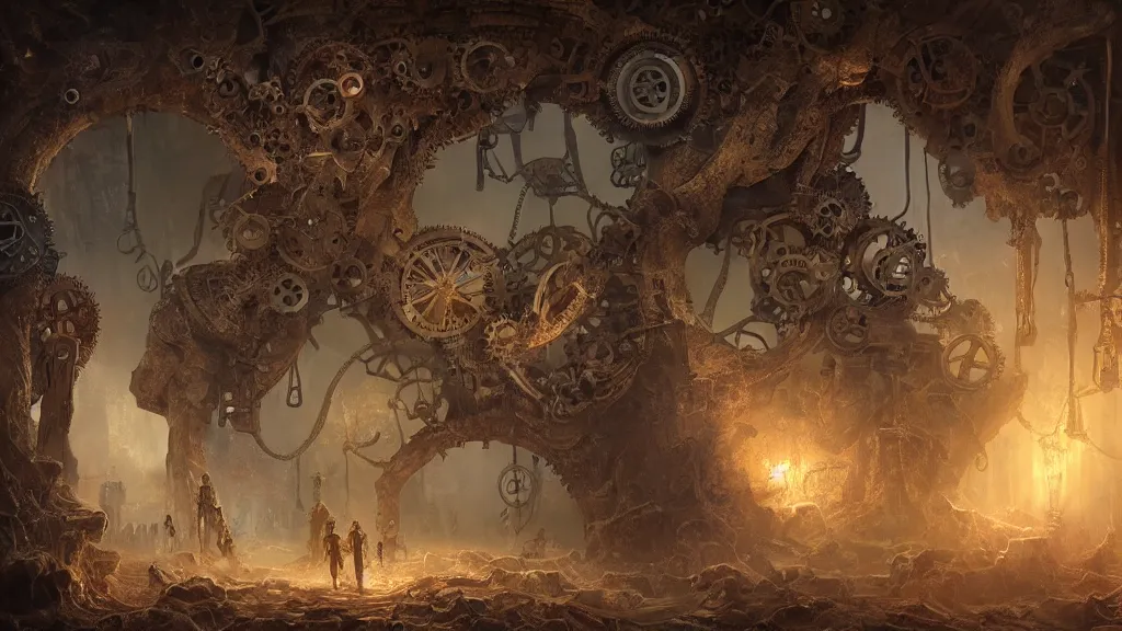 Image similar to clockwork yggdrasil deep underground, steampunk machinery, intricate matte painting, light from cracks in the cave ceiling, roots covered in gears, god rays, cinematic lighting, highly detailed oil painting, epic fantasy art, artstation, masterpiece, 8k