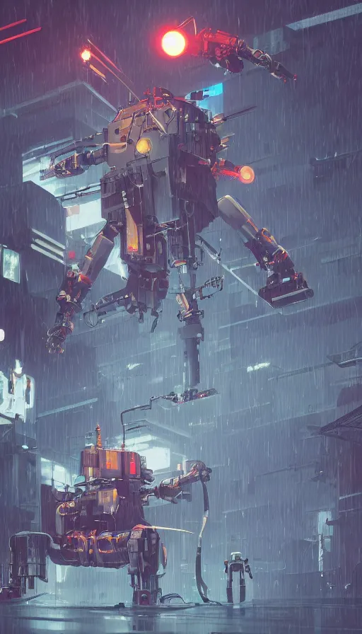 Image similar to a dieselpunk robot duels a cyberpunk robot, raining, sharp focus, james gilleard, cinematic, game art, extremely detailed digital painting