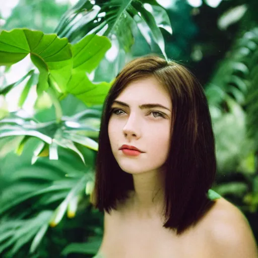 Image similar to a very beautiful!! young woman is posing for a photograph, petzval lens. symetric face. sharp face. in a tropical greenhouse. featured on flickr, art photography, photo taken with provia,