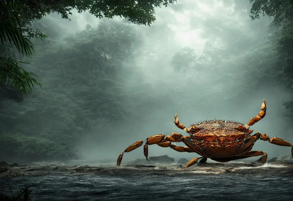 Prompt: an enormous giant crab king emerging from the waters, in a jungle with ominous light from above, ambient light, fog, river, very poetic