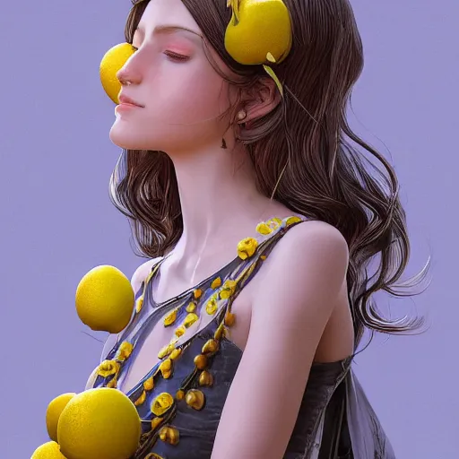 Image similar to the portrait of an absurdly beautiful, graceful, elegant, sophisticated, young teen girl made up of lemons looking up, an ultrafine hyperdetailed illustration by kim jung gi, irakli nadar, intricate linework, bright colors, octopath traveler, final fantasy, unreal engine 5 highly rendered, global illumination, radiant light, detailed and intricate environment