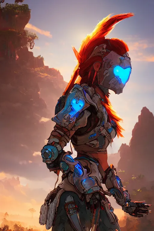 Image similar to combination suit armor aloy horizon forbidden west horizon zero dawn radiating a glowing aura global illumination ray tracing hdr fanart arstation by ian pesty and alena aenami artworks in 4 k tribal robot ninja mask helmet backpack