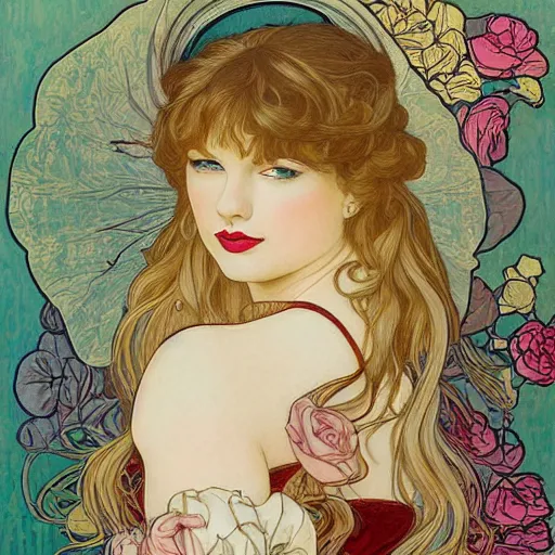 Image similar to romantic painted portrait of taylor swift by james jean, mucha