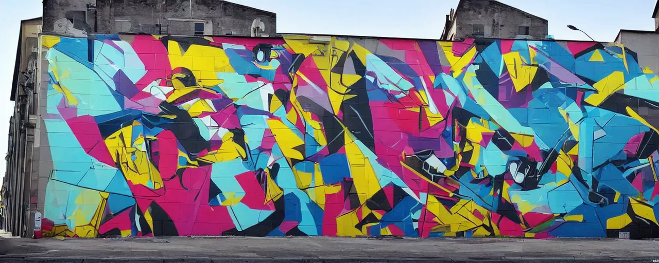 Prompt: a mural by loomit in street art style, graffiti painting, 3 d, perspective, dynamic, plastic!!