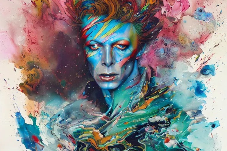 Image similar to a splattered action painting showing david bowie, ultradetailed, fine art painting, peter mohrbacher, moebius, david bowie, frottage, watercolor, acrylic, multilayered paint, spectacular splatter explosion, psychedelic art