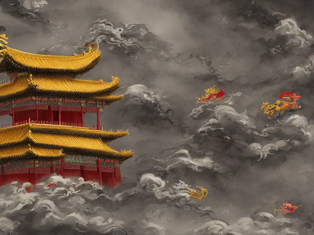 Image similar to forbidden city on the cliff, chinese dragon hovering over the building ， stormy night ， trend on artstation