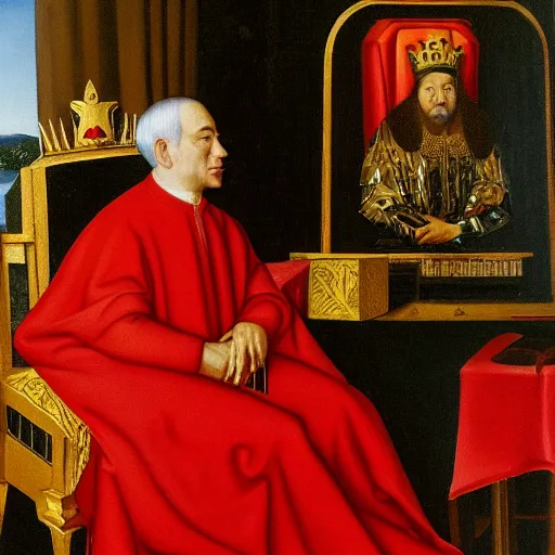 Prompt: A painting of Benjamin Netanyahu sitting in a golden chair wearing a red furred cape and a crown holding a royal ornate rod by Jan Van Eyck