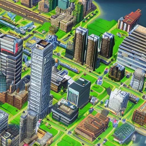 Image similar to canary wharf, screenshot from simcity pc game