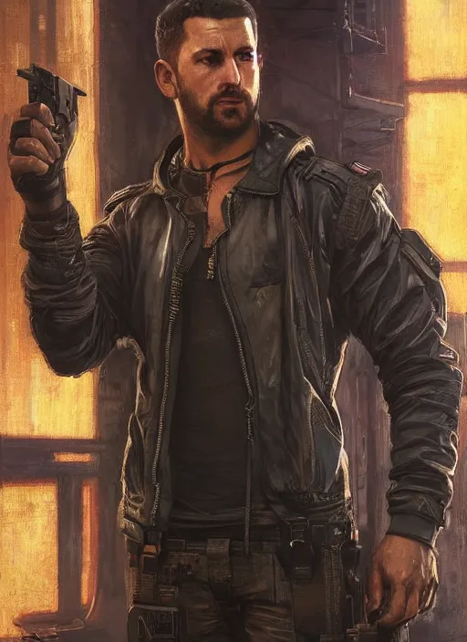 Image similar to buff joe. cyberpunk mercenary in a cyberpunk jumpsuit ( blade runner 2 0 4 9, cyberpunk 2 0 7 7 ). orientalist portrait by john william waterhouse and james gurney and theodore ralli and nasreddine dinet, oil on canvas. cinematic, hyper realism, realistic proportions, dramatic lighting, high detail 4 k