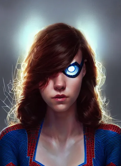 Image similar to portrait of mayday parker spider - girl, brown hair, blue eyes, spider - man costume, intricate, elegant, glowing lights, highly detailed, digital painting, artstation, concept art, smooth, sharp focus, illustration, art by wlop, mars ravelo and greg rutkowski