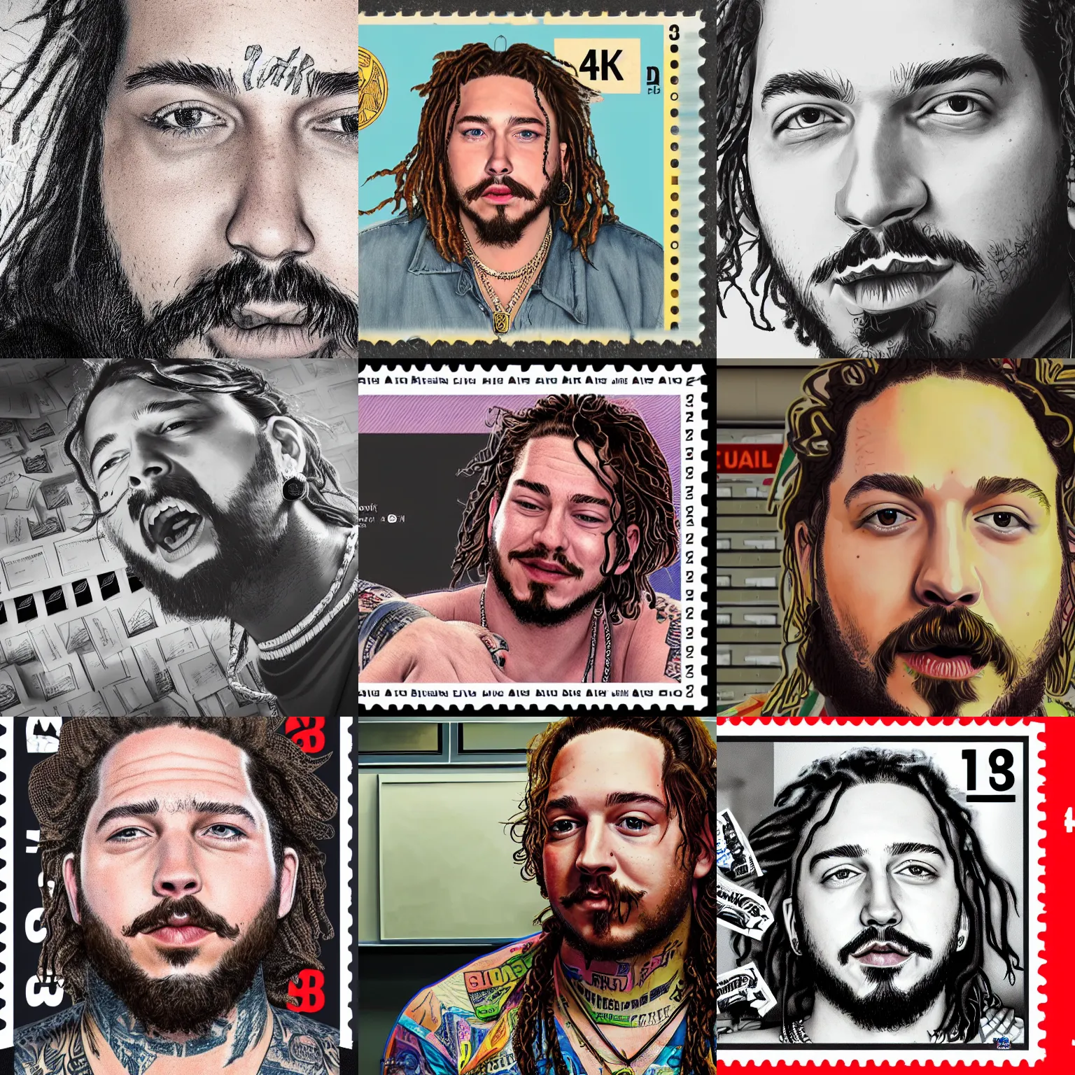 Prompt: a closeup photorealistic illustration of post malone inside of a post office with stamps. fine detail. this 4 k hd image is trending on artstation, featured on behance, well - rendered, extra crisp, features intricate detail, epic composition and the style of unreal engine.