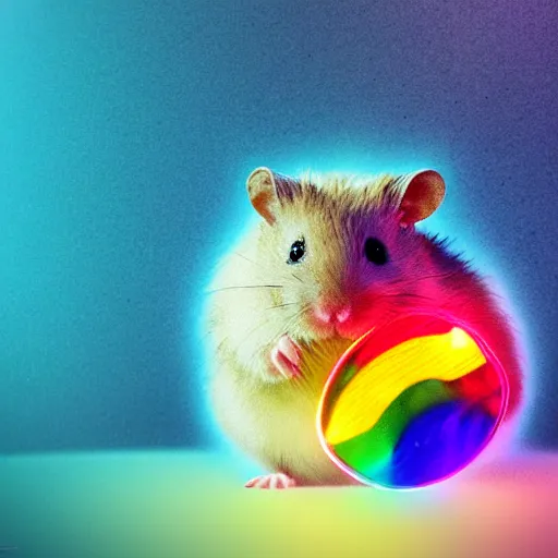 Image similar to cyberpunk hamster holding rainbow gem crystal, neon lights, light reflection, 8 k, hd