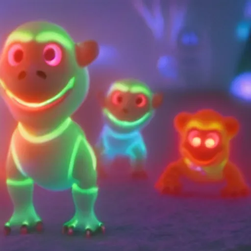 Image similar to cute smiling pixar and chibi style electric blue scaled glowing baby dinosaurs in tron movie, cinestill