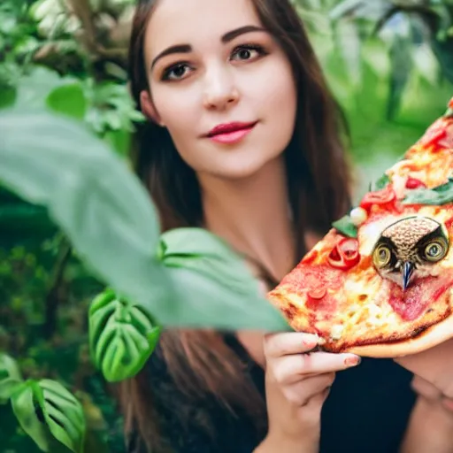 Image similar to close up portrait of beautiful woman wearing a pizza in a tropical greenhouse with an owl on her shoulder, bokeh, cinematic colors