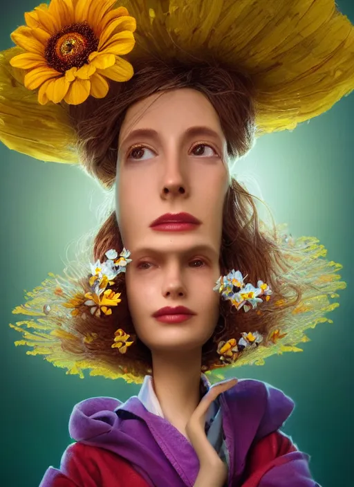 Image similar to an anthropomorphic beautiful female scientist portrait holding a flowers wearing colourful robe, fine art, award winning, intricate, elegant, sharp focus, octane render, hyperrealistic, wizard hat cinematic lighting, highly detailed, digital painting, 8 k concept art, art by jamie hewlett and z. w. gu, masterpiece, trending on artstation, 8 k