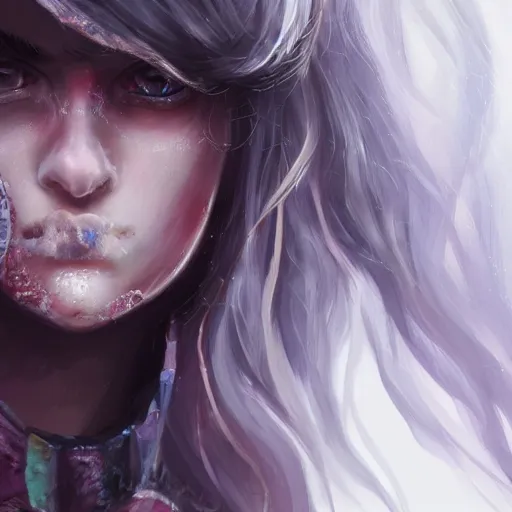 Prompt: A close up of a girl wearing very exclusive clothing face+rich+decimated kingdom background+foggy,detailed, artstation, concept art