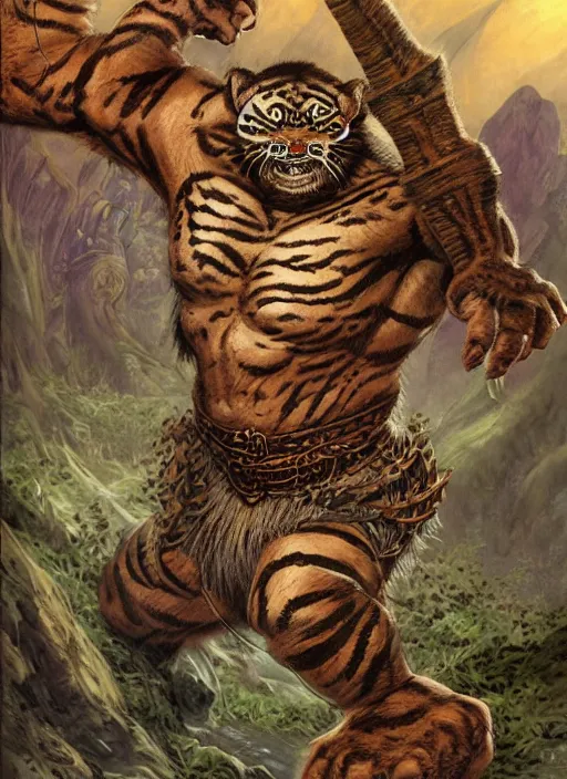 Image similar to tigerman, digital illustration for pathfinder, full body, by Wayne Reynolds, tony diterlizzi, frazetta, tim seeley, 2005, HQ scan, intricate details, MOTU, Monster Manula, Fiend Folio, D&D monster, fantasy art, artstation trending