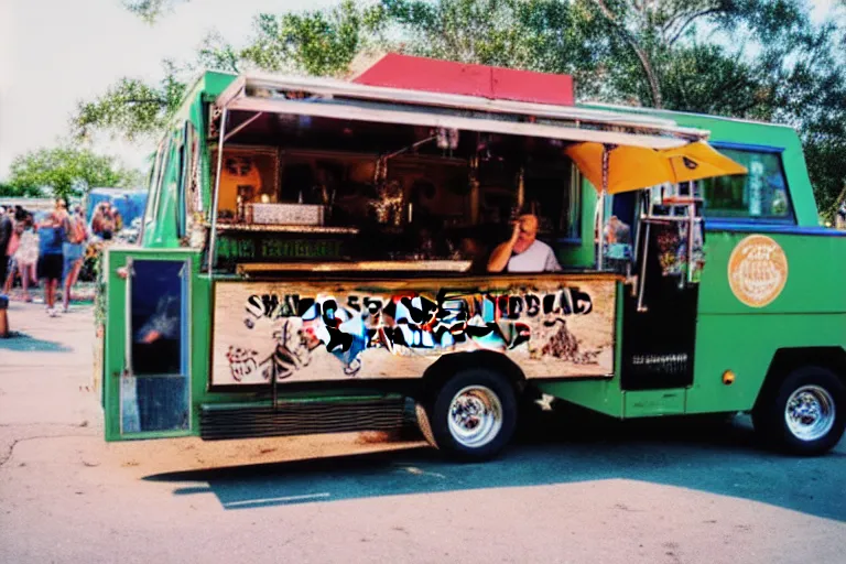 Prompt: Frenchmen Street Food Truck at Swamphead, lots of people, in the style of street photography, susperia 400 film stock