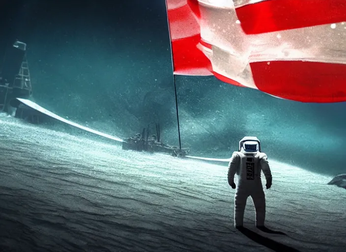 Prompt: astronaut underwater putting a flag in the sand of the bottom of the ocean. there is a submarine behind the astronaut in the distance. dark, concept art, cinematic, dramatic, atmospheric, 8 k, trending on artstation, low visibility, zack snyder