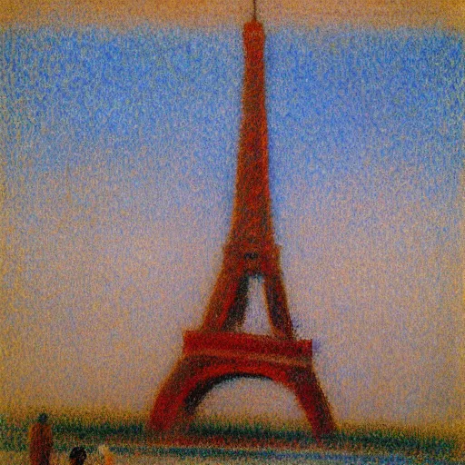 Image similar to eiffel tower building in paris, happy athmosphere, joy, matte painting, impressionism, by georges seurat,