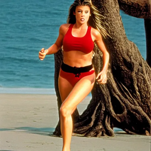 Prompt: photo realistic beautiful blonde woman like yasmine bleeth in baywatch running towards the tree of life