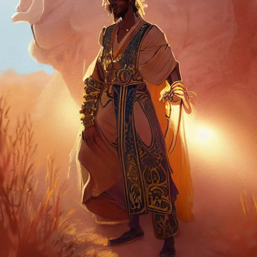 Prompt: an african king wearing a robe made from a lion pelt and a gleaming crown of light, kemetic, D&D, fantasy, intricate, elegant, highly detailed, digital painting, artstation, concept art, matte, sharp focus, illustration, art by Artgerm and Greg Rutkowski and Alphonse Mucha