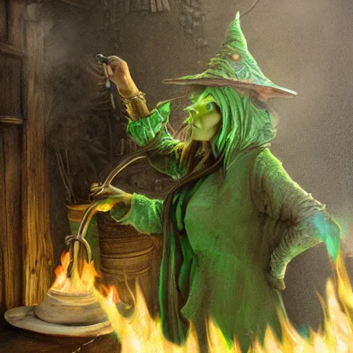 Image similar to close shot of an old fire witch brewing in her lair, detailed, witch hat, dungeon, green smoke, fire, smoke, realism, realistic, hyper detailed, green lighting, ambient lighting, smoke, haze,