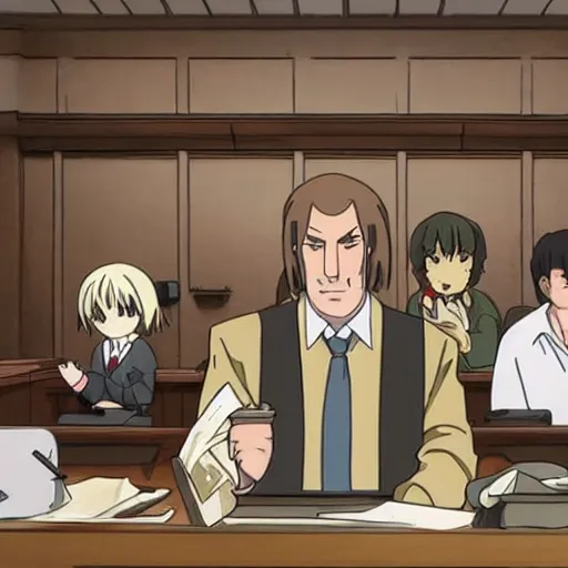 Image similar to Saul Goodman in a courtroom, anime, movie, by studio ghibli