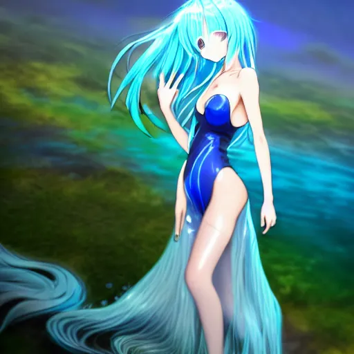 Image similar to a very beautiful anime girl wearing a dress made of water standing in a crystal lake , full body, long white hair with azure blue highlights blending into the dress , azure blue watery eyes, full round face, seductive over the shoulder glances , lens flare, cinematic lighting, medium shot, mid-shot, highly realistically detailed, trending on artstation, Unreal Engine 4k, Stanley Artgerm Lau, WLOP, Rossdraws, James Jean, Andrei Riabovitchev, Marc Simonetti, and Sakimichan