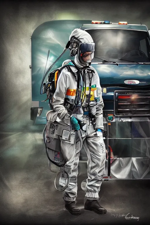 Prompt: paramedic, standing by ambulance, highly detailed, digital art, sharp focus, trending on art station