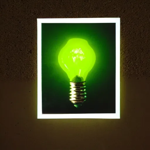 Prompt: a glowing lightbulb, a green plant inside, polaroid photo, surreal,