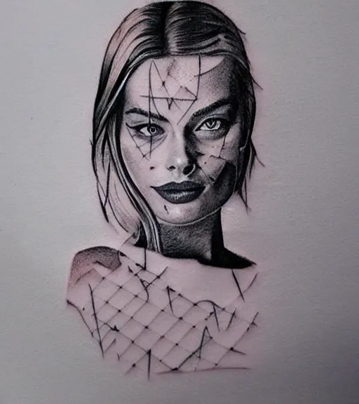 Image similar to mash up tattoo design sketch of margot robbie and beautiful mountain scenery, in the style of arlo dicristina, surrealist, amazing detail, sharp