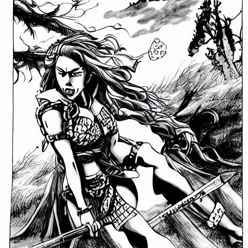 Prompt: scarlett johansson as a barbarian in afro samurai manga style, pencil and ink, walking the wastelands