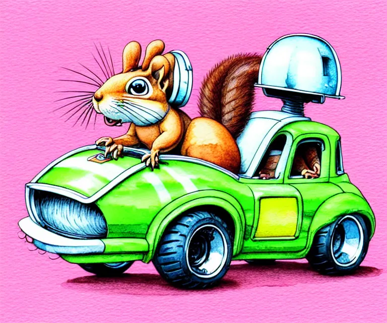 Image similar to cute and funny, squirrel wearing a helmet riding in a hot rod with oversized engine, ratfink style by ed roth, centered award winning watercolor pen illustration, isometric illustration by chihiro iwasaki, edited by range murata, tiny details by artgerm and watercolor girl, symmetrically isometrically centered, sharply focused