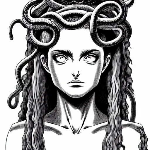 Prompt: rounded frame of head of medusa from greek mythology wearing snakes in place of hair, in berserk manga, angelina jolie face smiling seductive expression, big snakes heads with open mouth, manga drawing, by kentaro miura