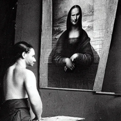 Image similar to old vintage photo from behind of leonardo da vinci painting his unfinished painting of monalisa